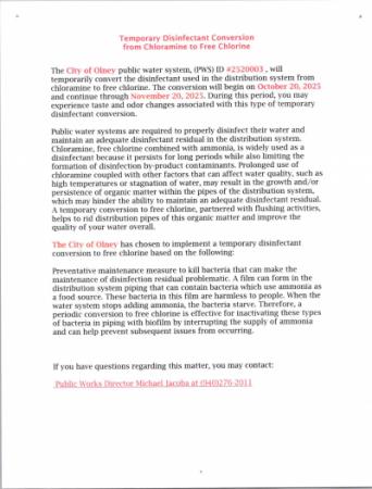 Temporary Disinfectant Conversion from Chloramine to Free Chlorine