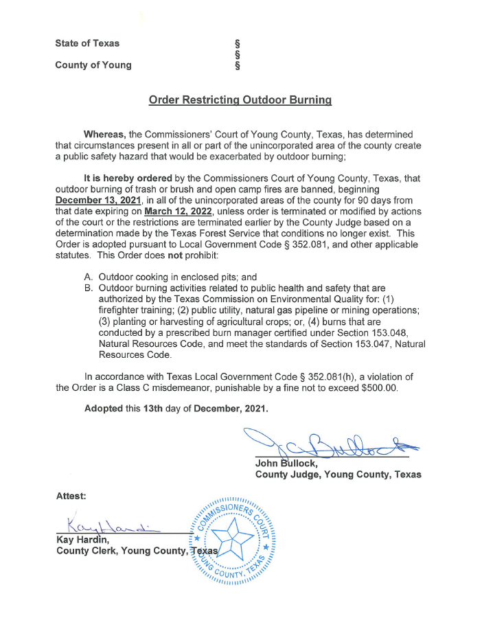 Young County Burn Ban Olney Texas